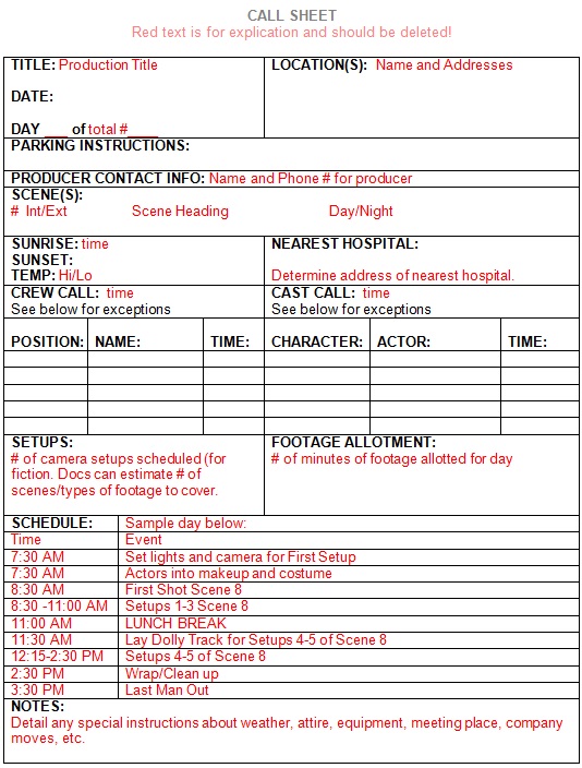 call sheet template 9