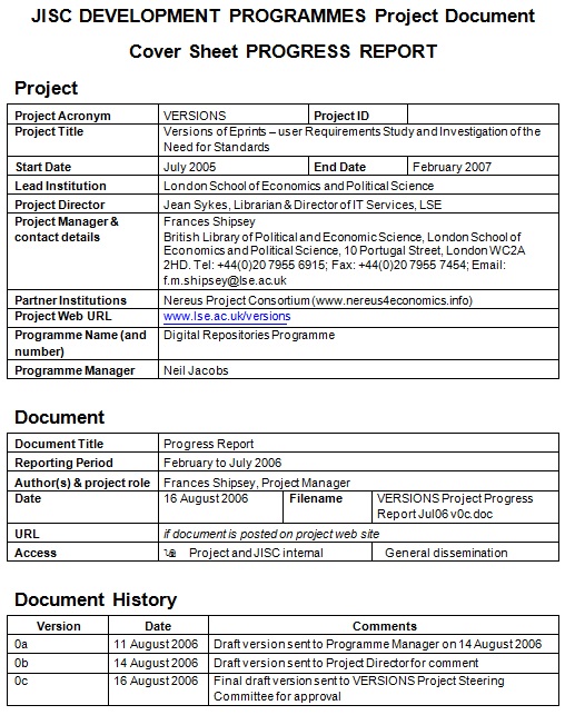 cover sheet progress report template