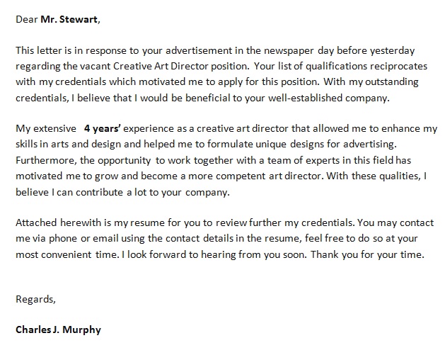 creative art director cover letter template