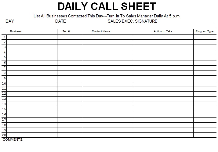 daily call sheet template
