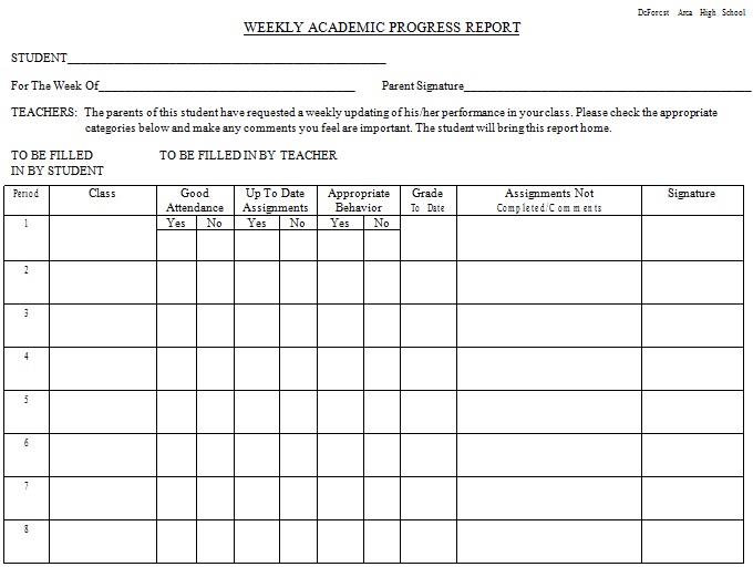 weekly academic progress report template