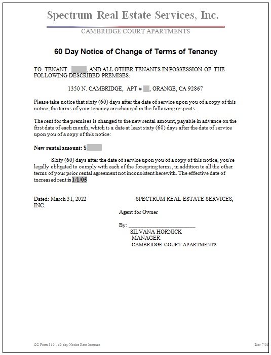 60 day notice of change of terms of tenancy