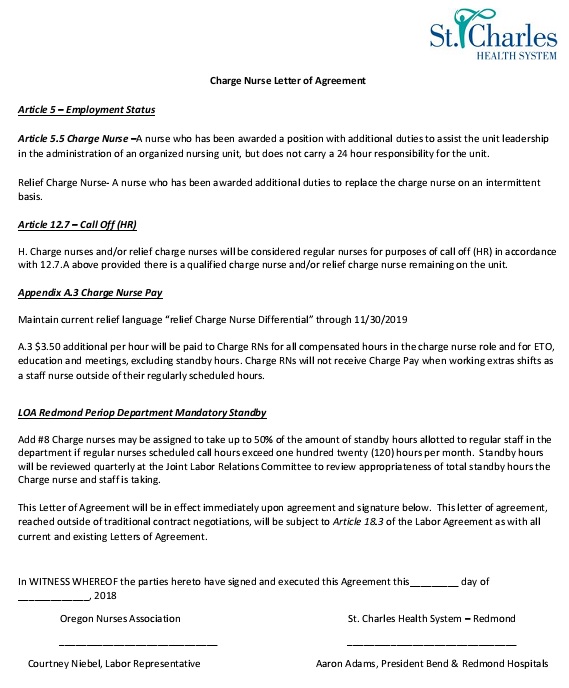 charge nurse letter of agreement