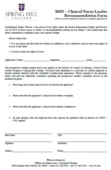 clinical nurse leader recommendation form