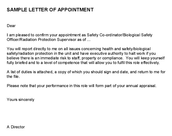 health safety appointment letter