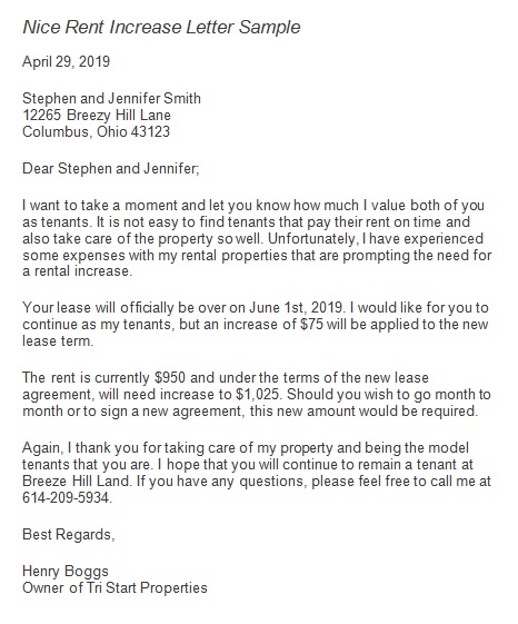 nice rent increase letter sample