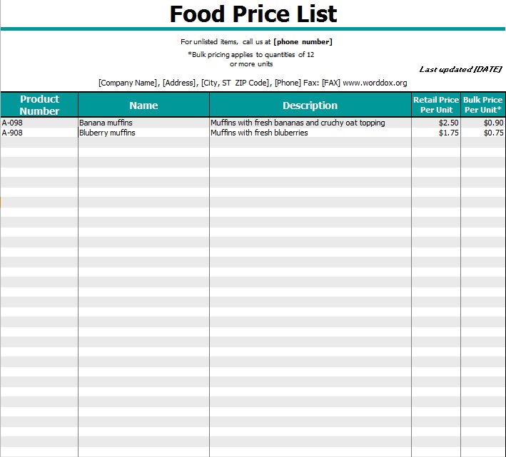 food price list template