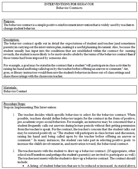 interventions for behavior contract template