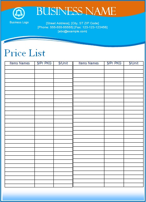 price list template 3