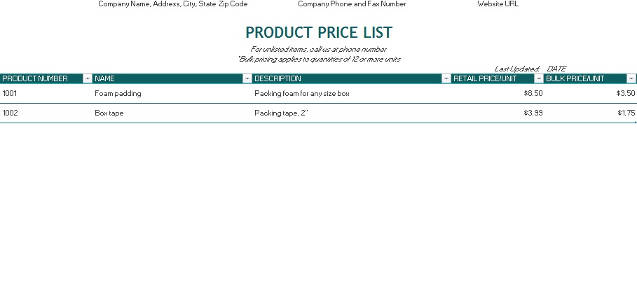 product price list template 2