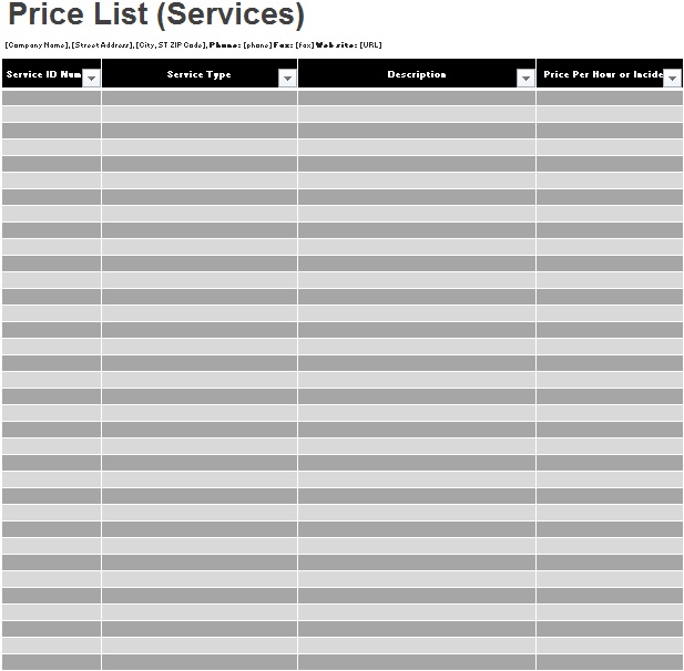 services price list template 2