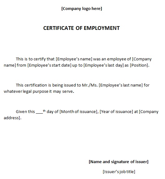 certificate of employment sample