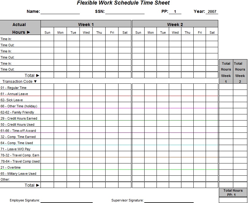 flexible work schedule time sheet template