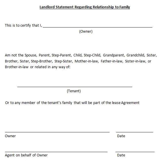 landlord statement regarding relationship to family form