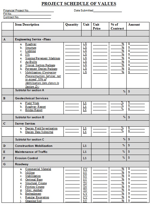 project schedule of values template 2