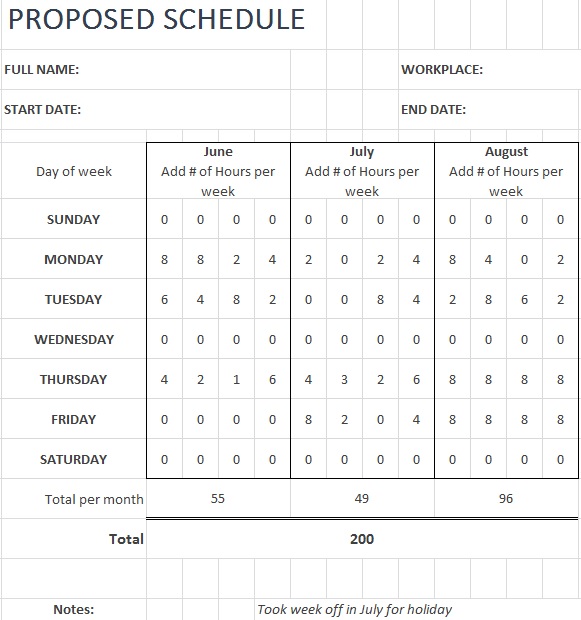 proposed schedule template