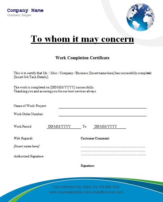 work completion certificate sample 1