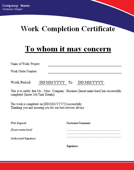 work completion certificate sample