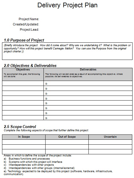 delivery project plan template